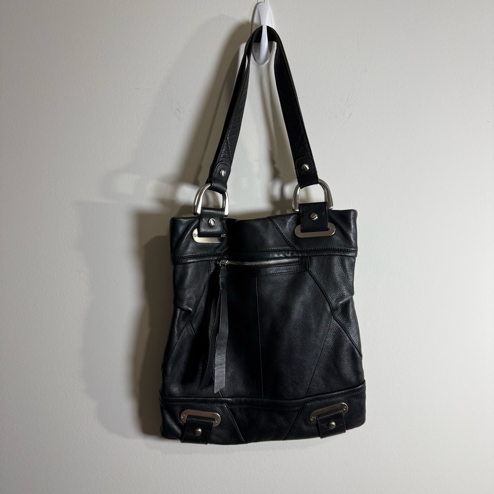 b. makowsky Black Leather Tote with Silver Hardware